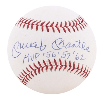 Mickey Mantle Signed ONL White Baseball With "MVP 56, 57, 62" Inscription (PSA/DNA)